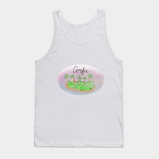 Corfu watercolor Island travel, beach, sea and palm trees. Holidays and vacation, summer and relaxation Tank Top